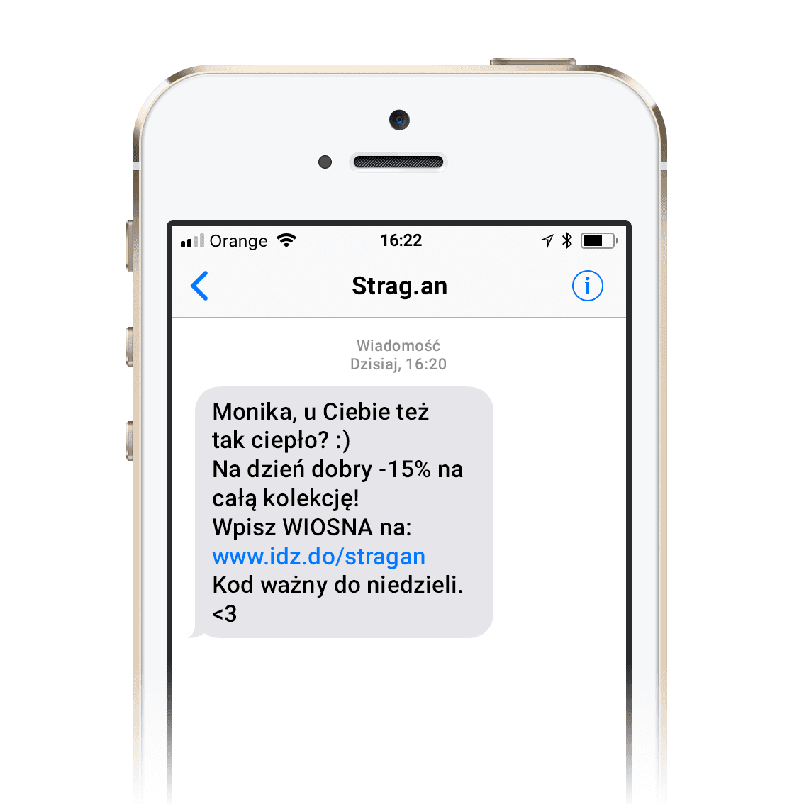 Newsletter SMS ze skróconym linkiem idz.do i kodem rabatowym