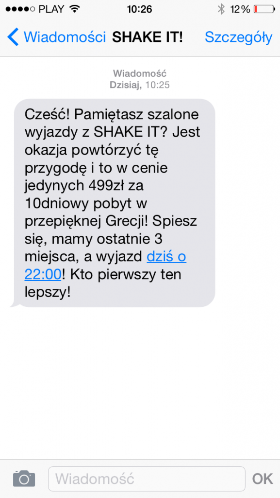 SMS wysłany przez SHAKE IT