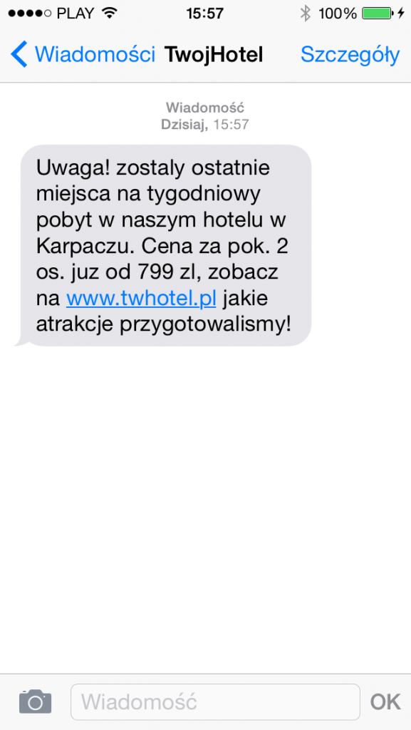 Przykładowa wiadomość SMS wysłana przez hotel