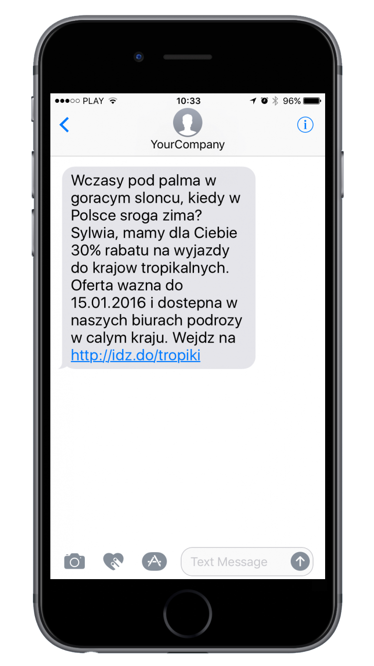 Przykład angażującej treści wiadomości SMS