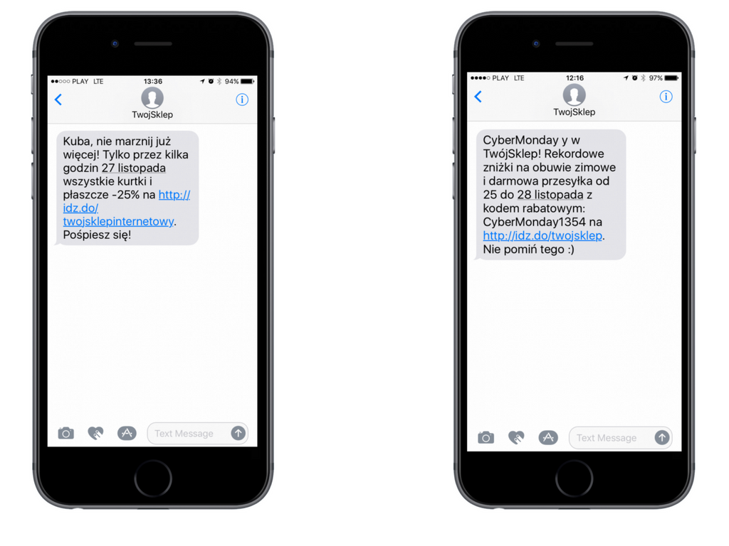 Przykłady wiadomości SMS informujących o czarno-piątkowych promocjach