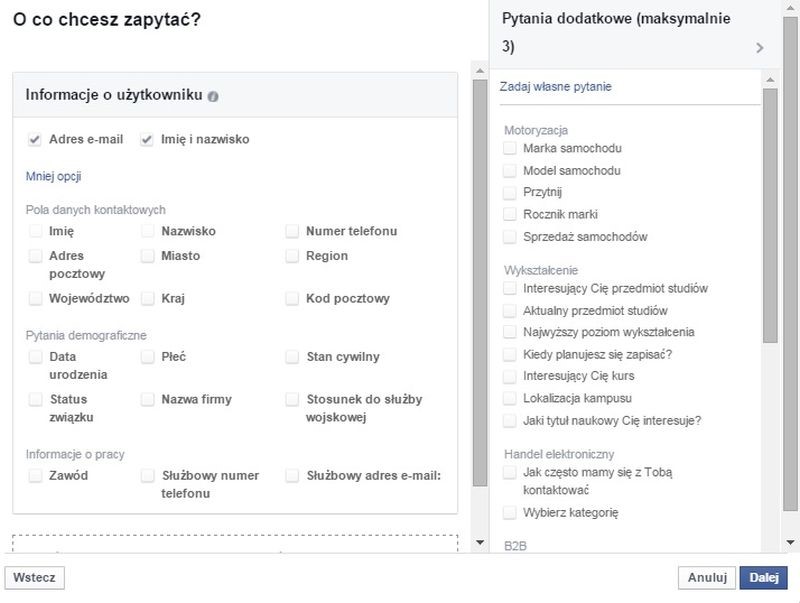 Facebook Lead Ads - wybór pytań