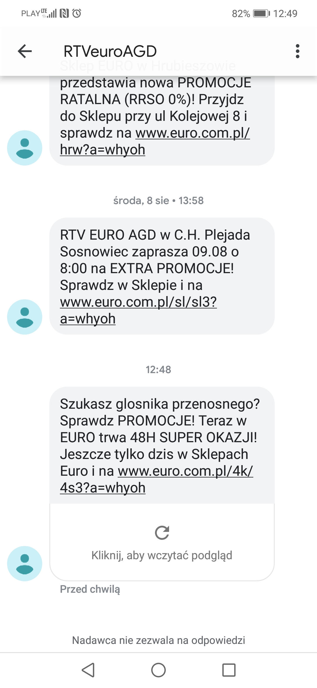 Przykład wiadomości SMS od sklepu RTV Euro AGD