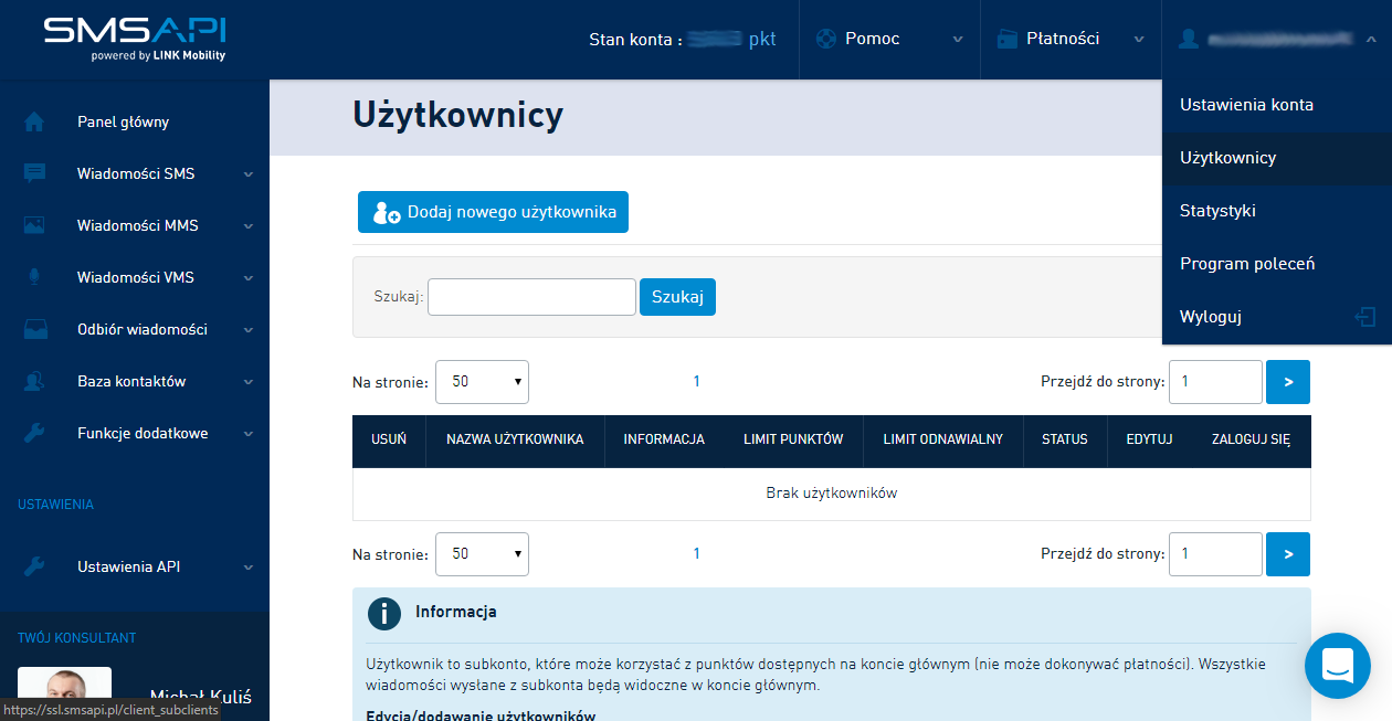 Zarządzaj użytkownikami konta SMSAPI