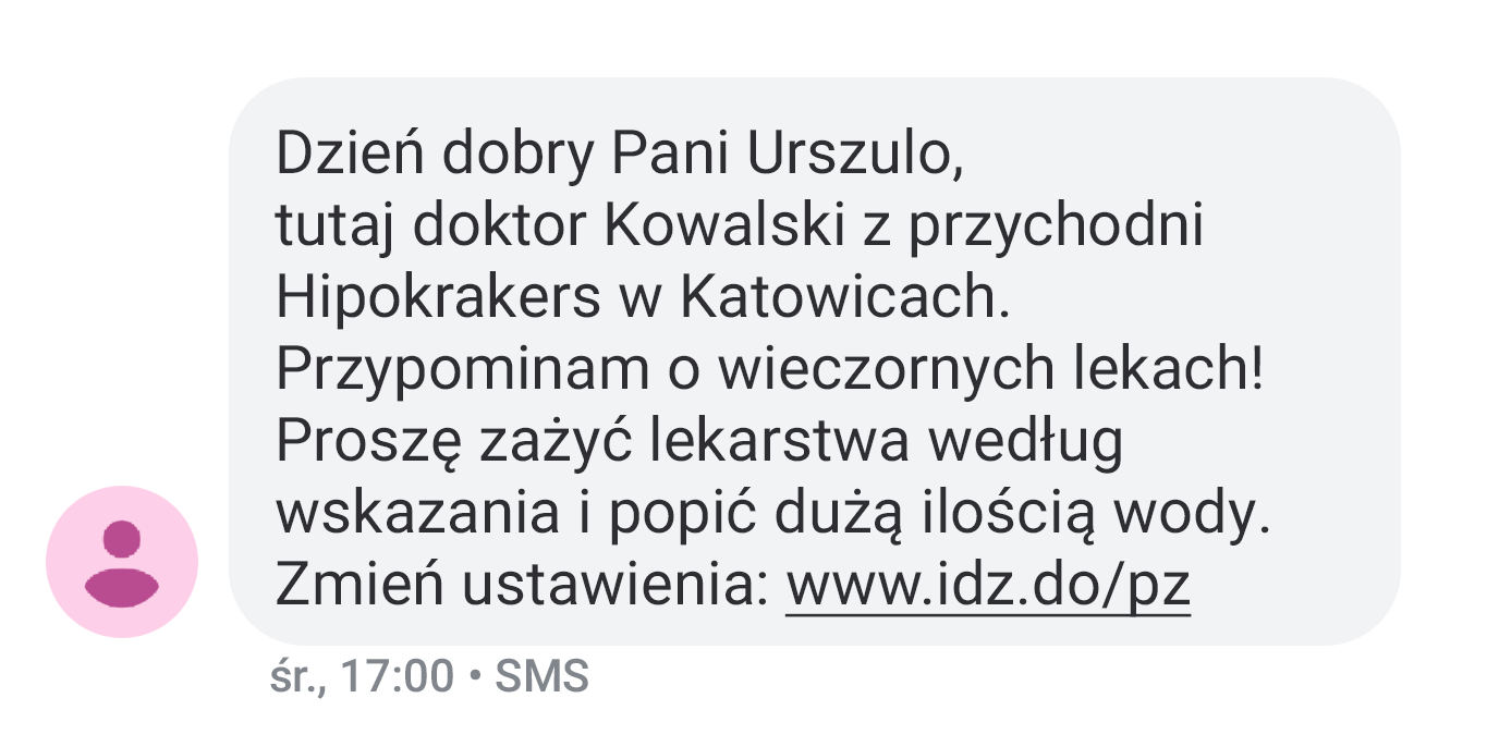 Przykład SMS przesłanego przez przychodnię