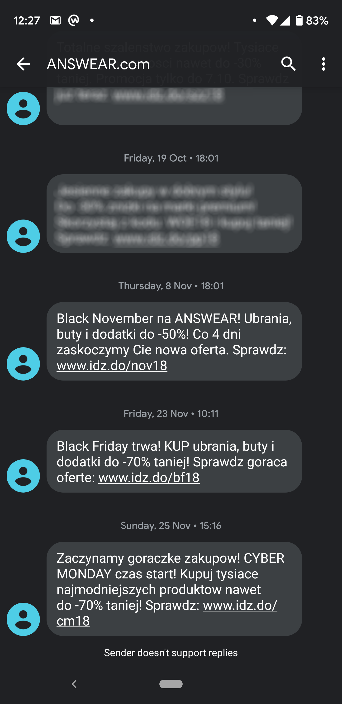 Kampania SMS wysłana przez Answear.com z okazji Black Friday