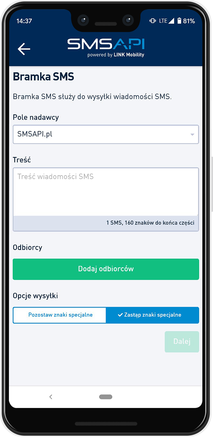 Bramka wysyłki SMS w aplikacji SMSAPI