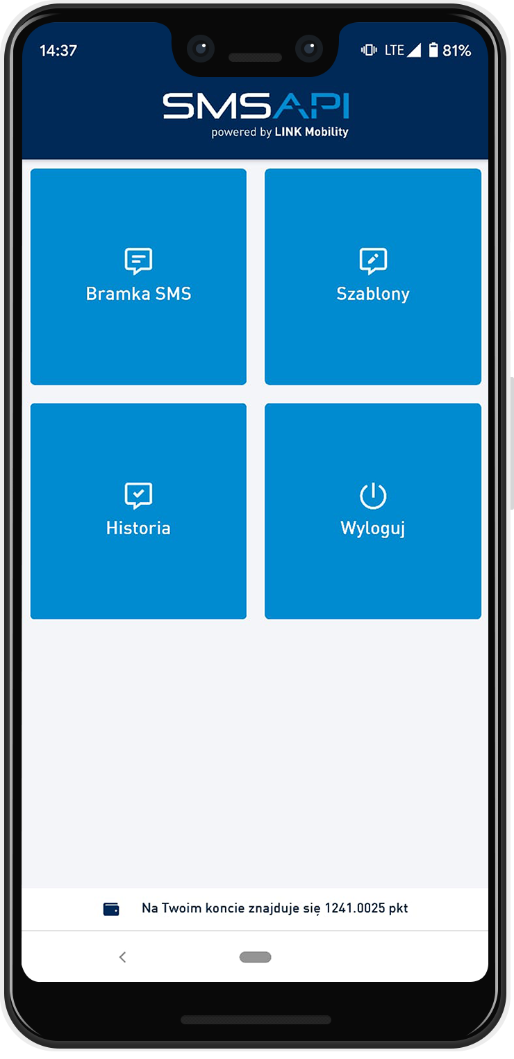 Strona główna aplikacji mobilnej SMSAPI na Androidzie