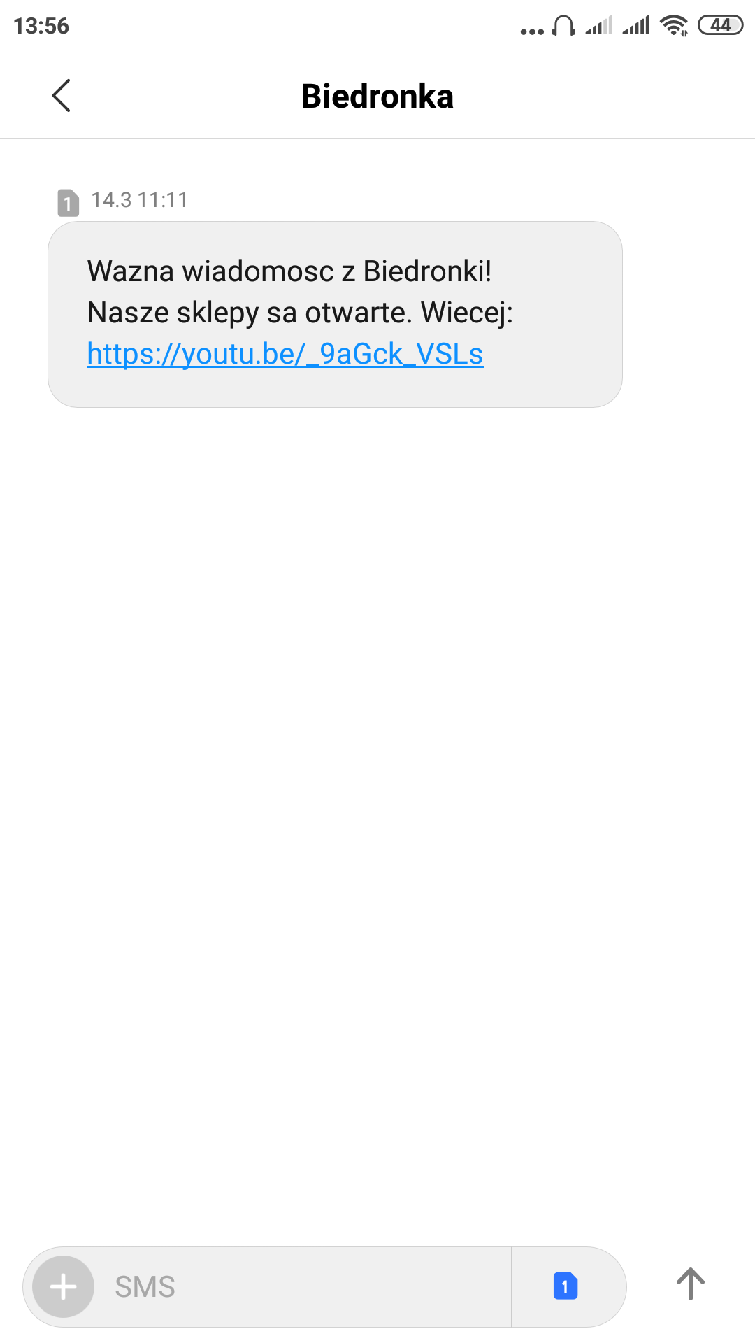 SMS wysłany przez sieć sklepów Biedronka