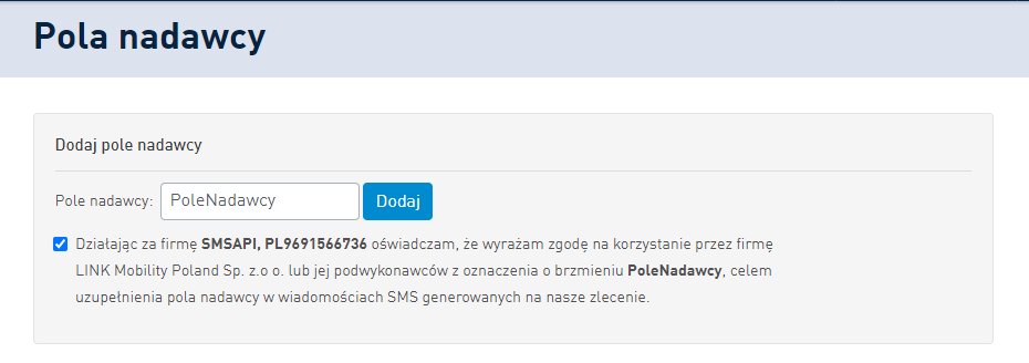 Dodawanie nowego pola nadawcy oraz oświadczenie potwierdzające prawo do jego wykorzystania