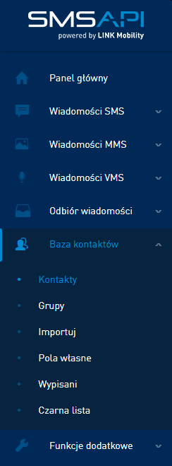 Menu Baza kontaktów SMS w Panelu Klienta SMSAPI