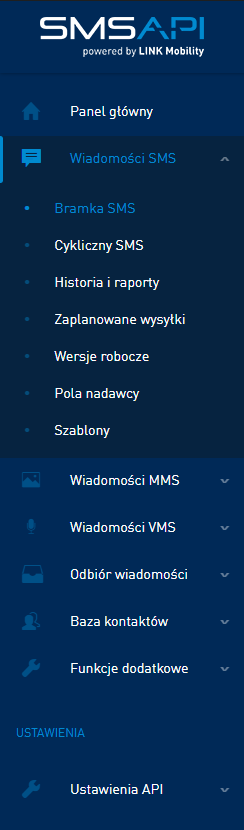 Menu w Panelu Klienta SMSAPI