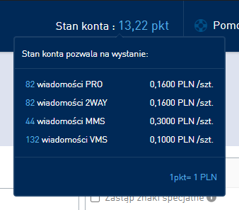 Przeliczenie punktów na różne rodzaje wiadomości w Panelu Klienta SMSAPI