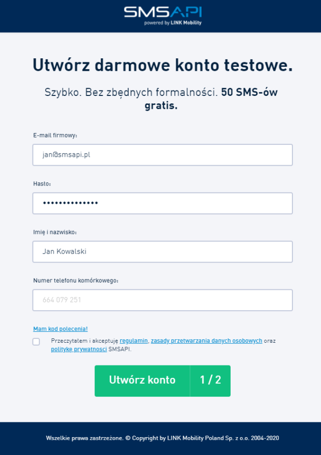 Utwórz darmowe konto testowe