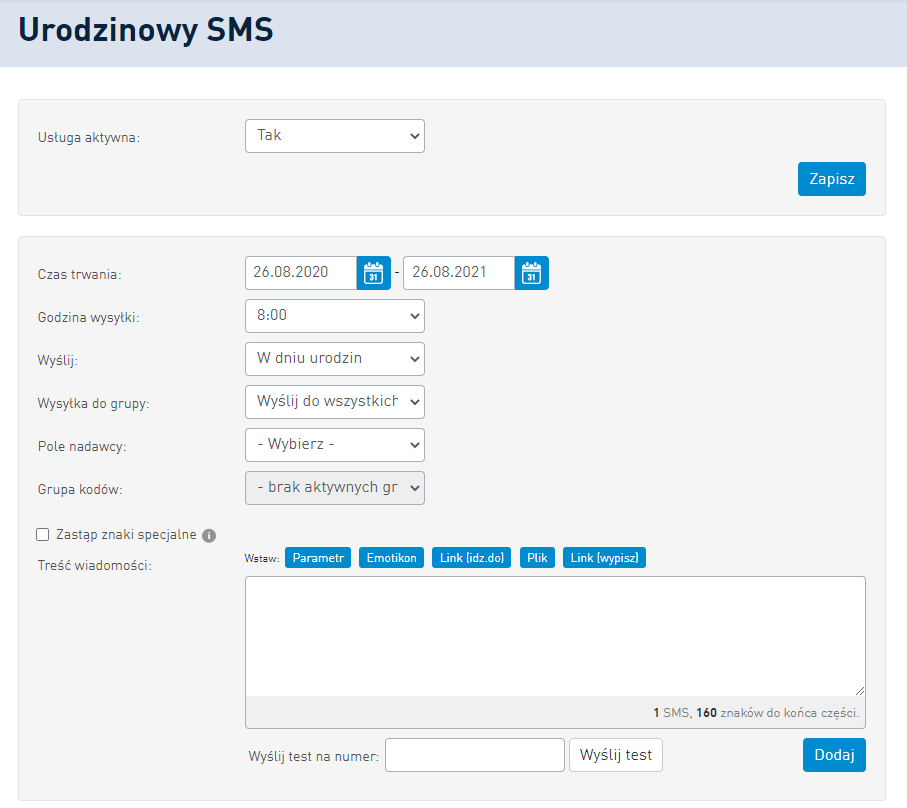 Ustawienia masowej wysyłki SMS-ów urodzinowych