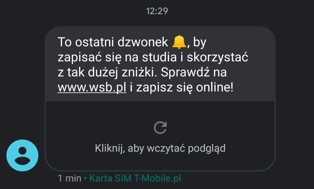 SMS od uczelni WSB z zachętą do rekrutacji