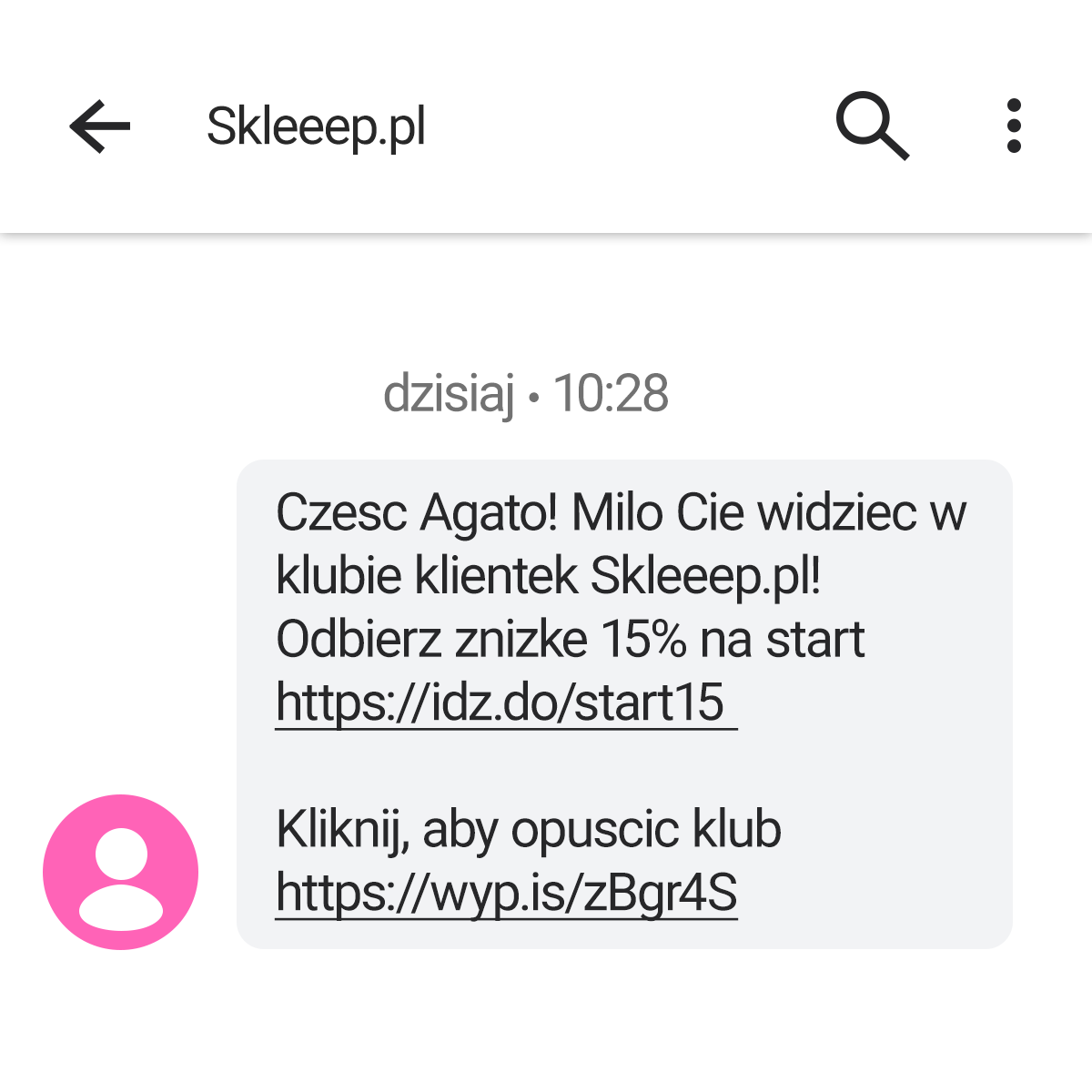 Przykład wiadomości SMS z linkiem, polem nadawcy i SMS opt-out