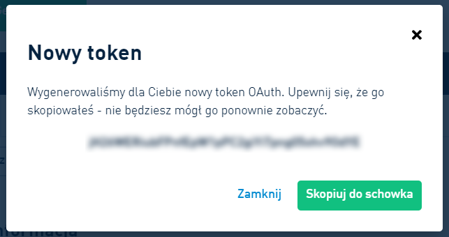 Okienko potwierdzające wygenerowanie tokenu OAuth