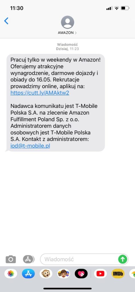 Rekrutacyjna wiadomość SMS przesłana przez Amazon