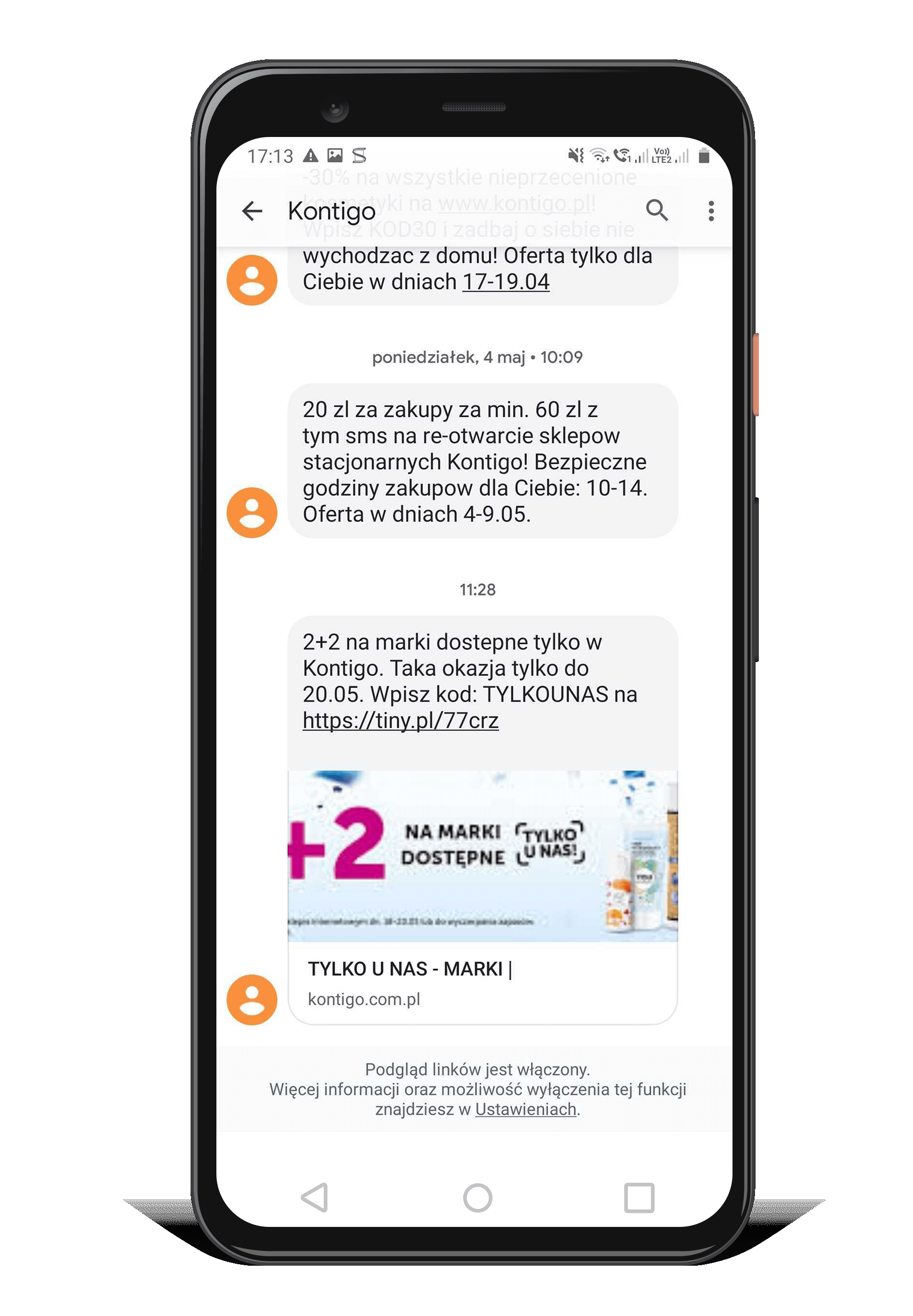 SMS z linkiem od Kontigo