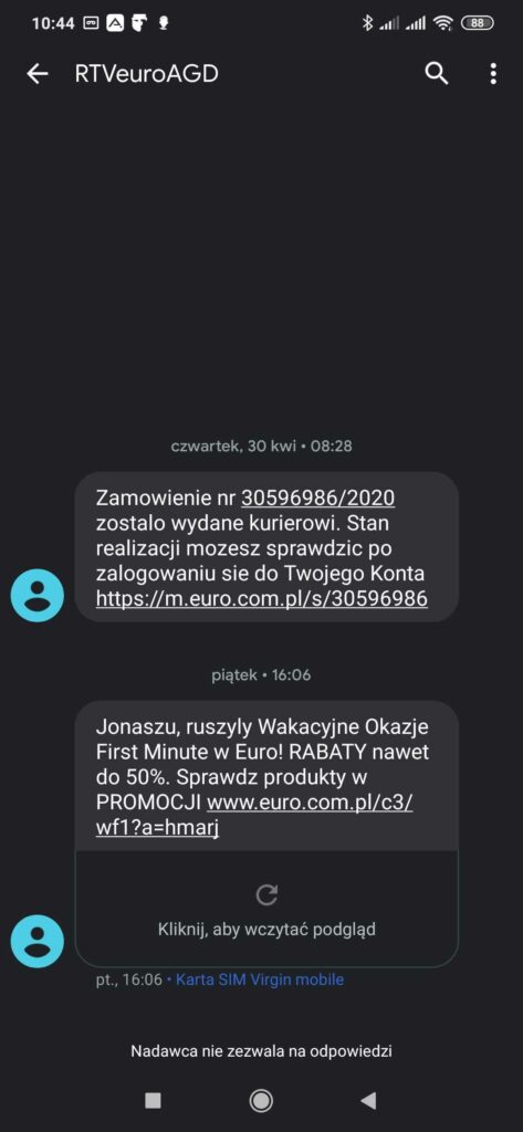 Powiadomienie SMS o dostawie zamówienia przesłane przez RTVeuroAGD