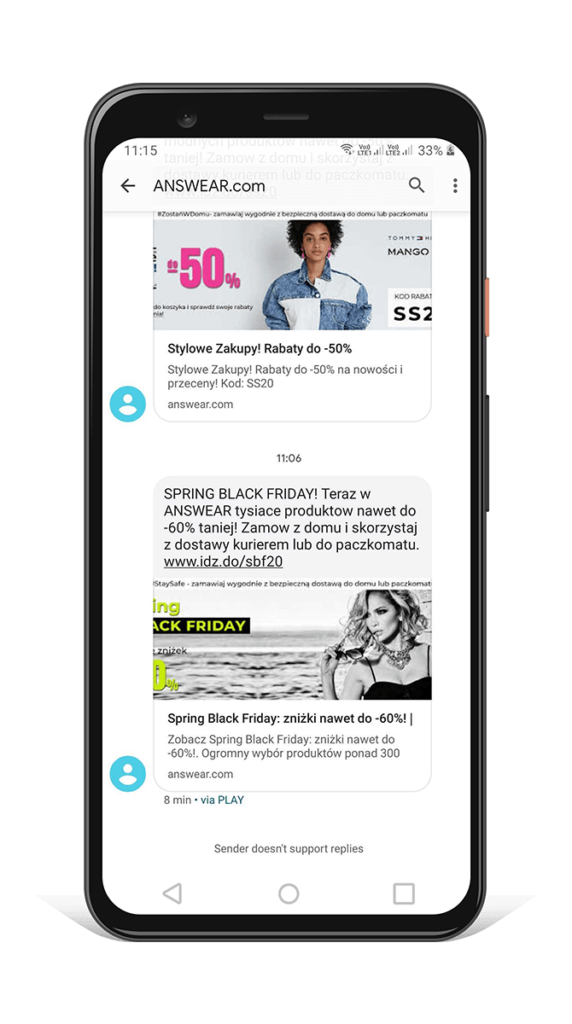 Wiadomość SMS z linkiem od ANSWEAR.com