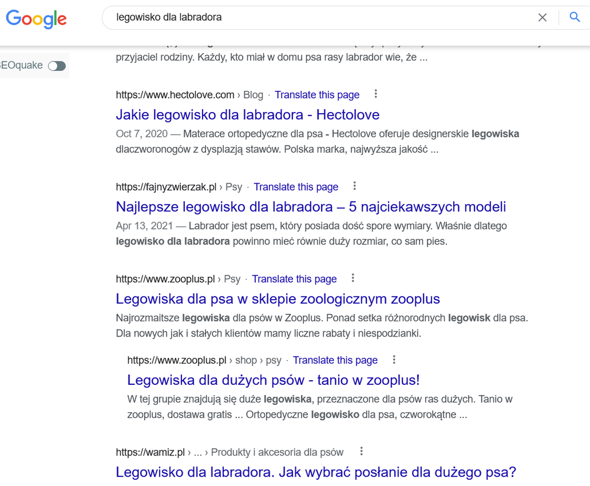 Google wyniki legowisko dla labradora