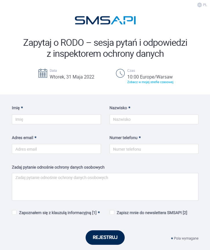 Formularz zapisu na webinar Zapytaj o RODO 31 maja 2022