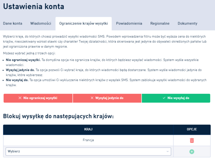 Tryb nie wysyłaj do w Panelu Klienta SMSAPI