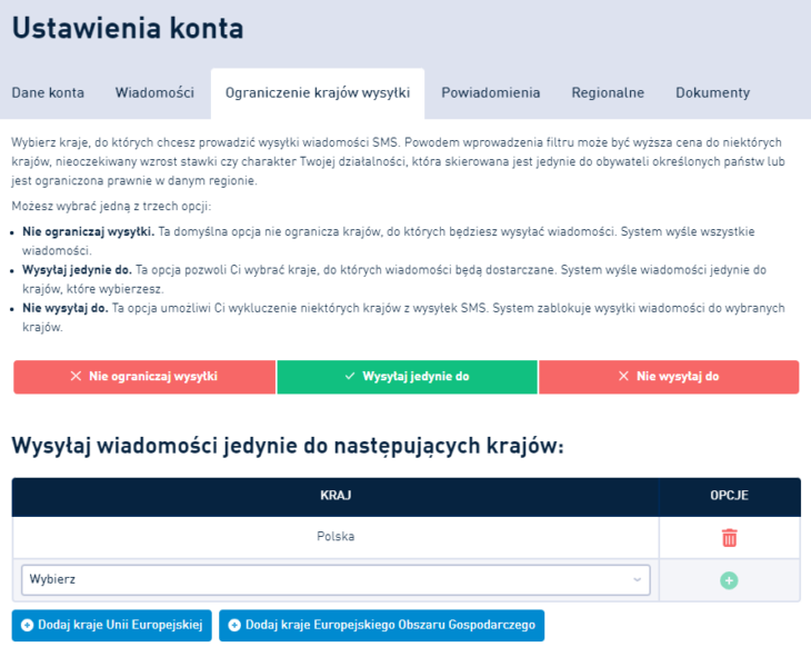 Ograniczenie krajów wysyłki SMS - nowa funkcja w Panelu SMSAPI