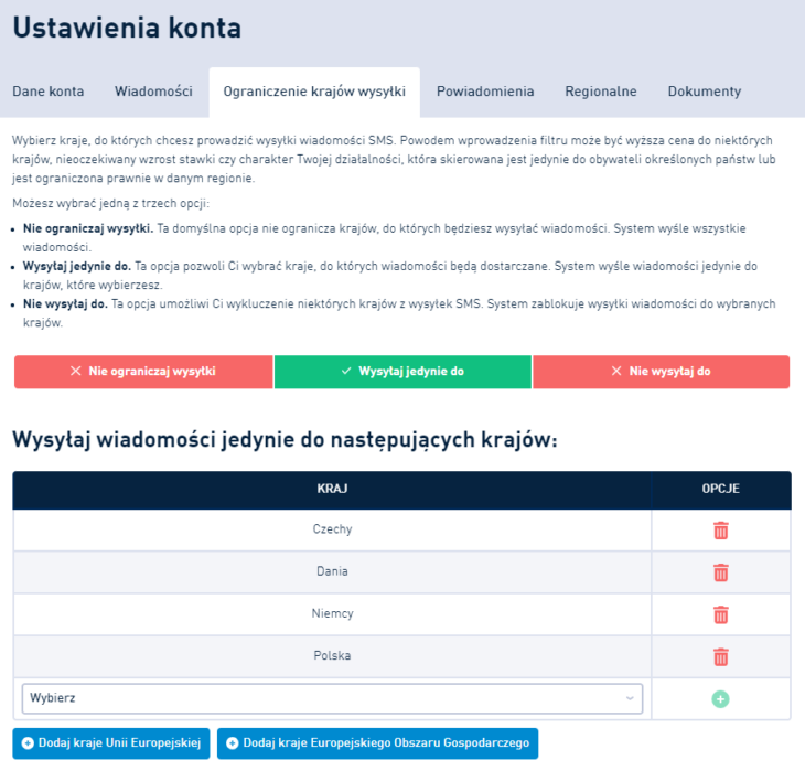 Ogranicz kraje wysyłki SMS