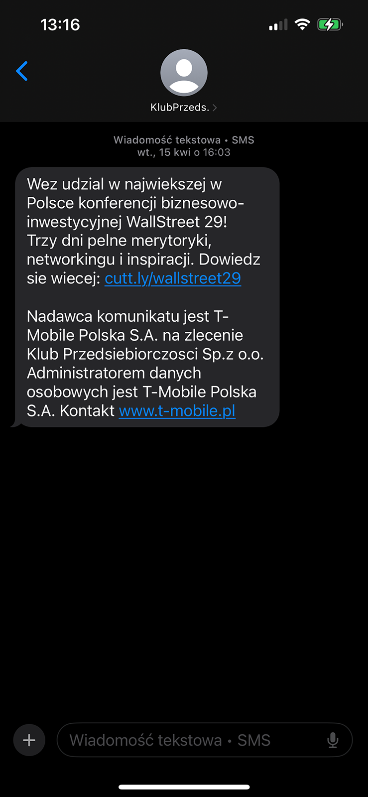 SMS geotargetowany od Klubu Przedsiębiorczości