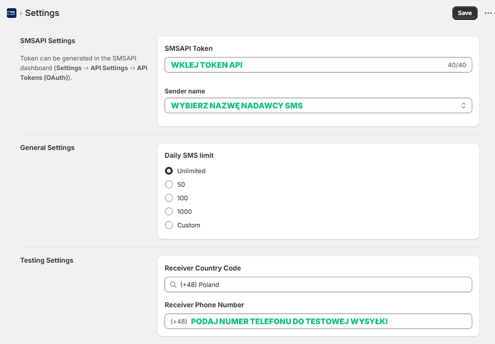 Plugin SMS Shopify settings