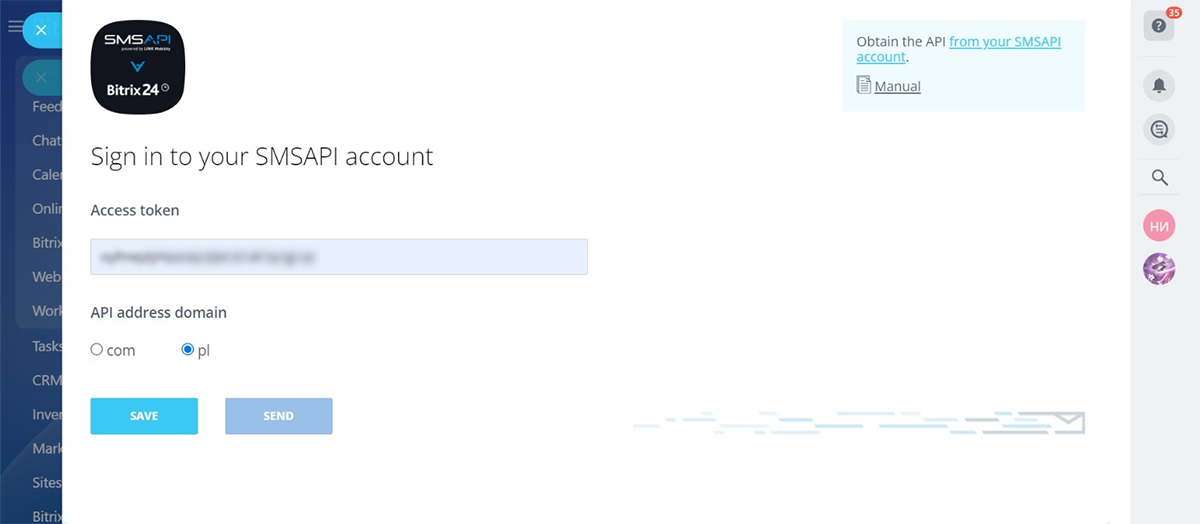 SMSAPI Bitrix24 SMS token