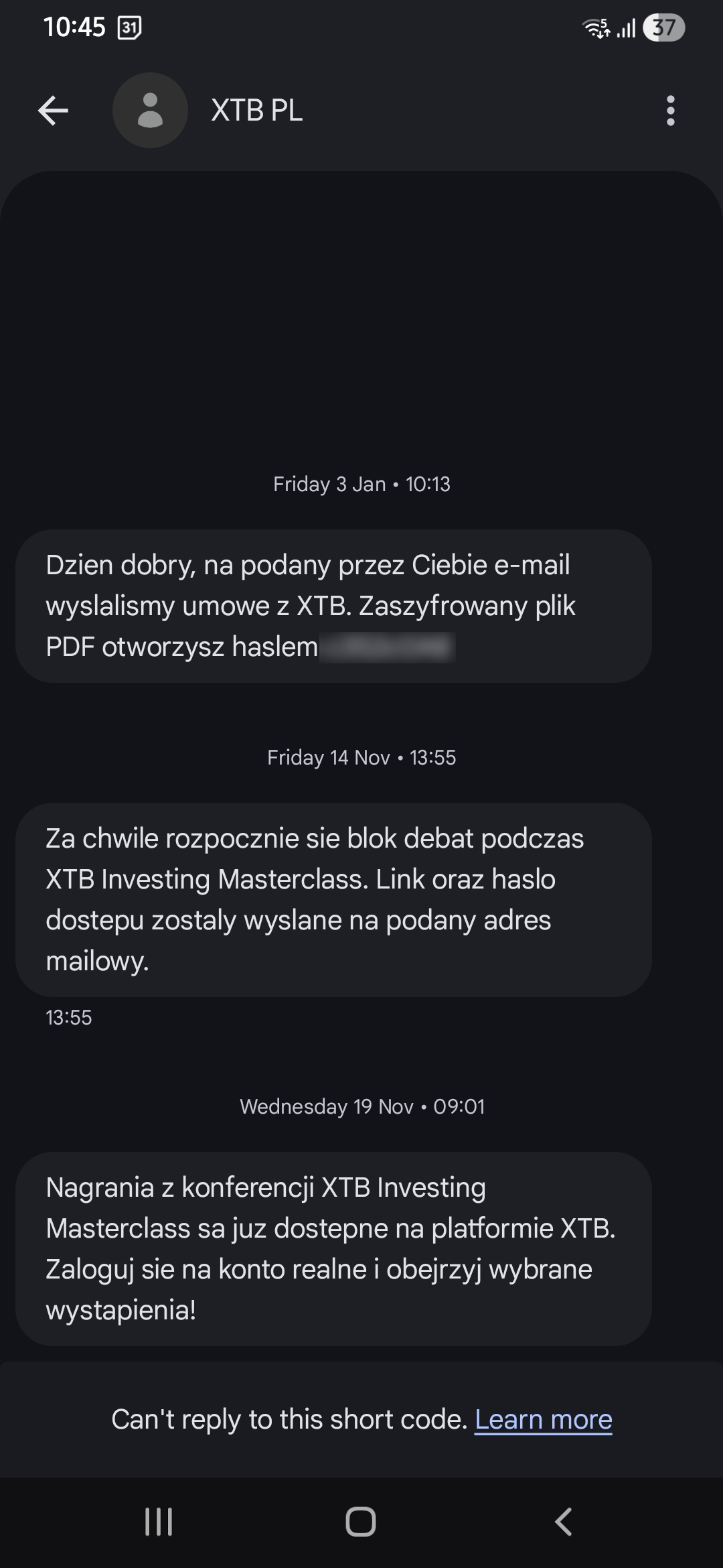 Wiadomości SMS od XTB