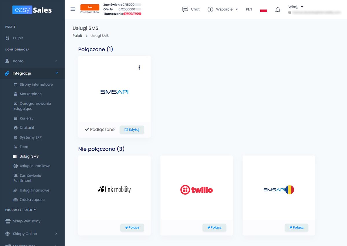 Włącz usługi SMs w EasySales