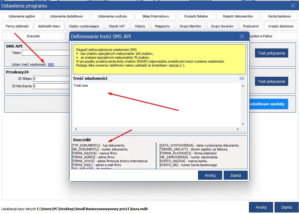 Ustaw treść wiadomości SMS