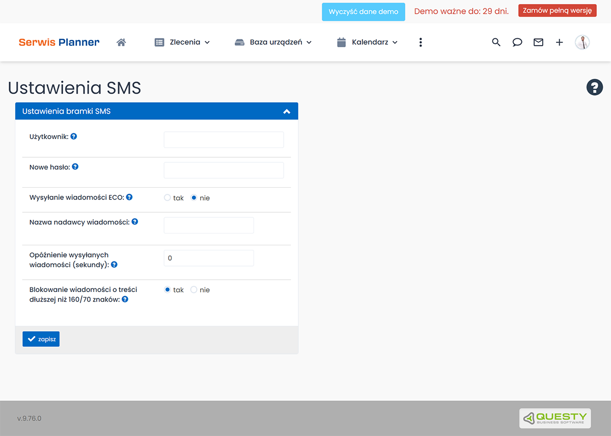 Włącz wysyłki SMS w Serwis Planner