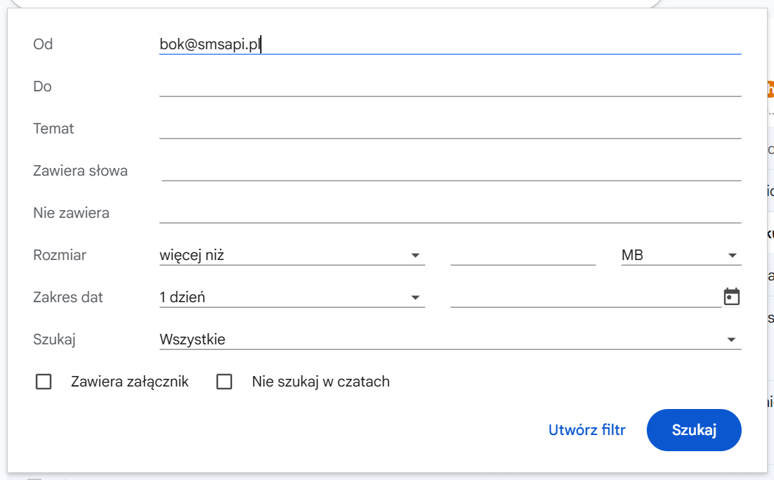 Kryteria filtra w Gmail