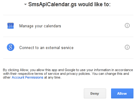 Ustawienia preferencji dostępu SMSAPI do Google Calendar
