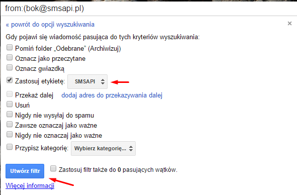 Utworzenie filtrów z etykietą SMSAPI w Gmail