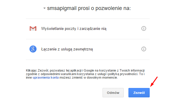 Ustawienia preferencji dostępu SMSAPI do Google Calendar