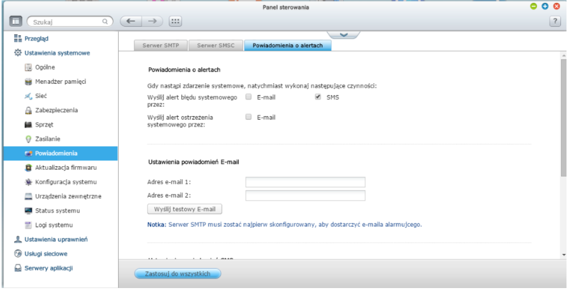 Ustawienia alertów SMS w QNAP