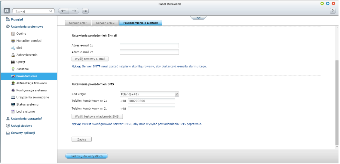 Ustawienia alertów SMS w QNAP